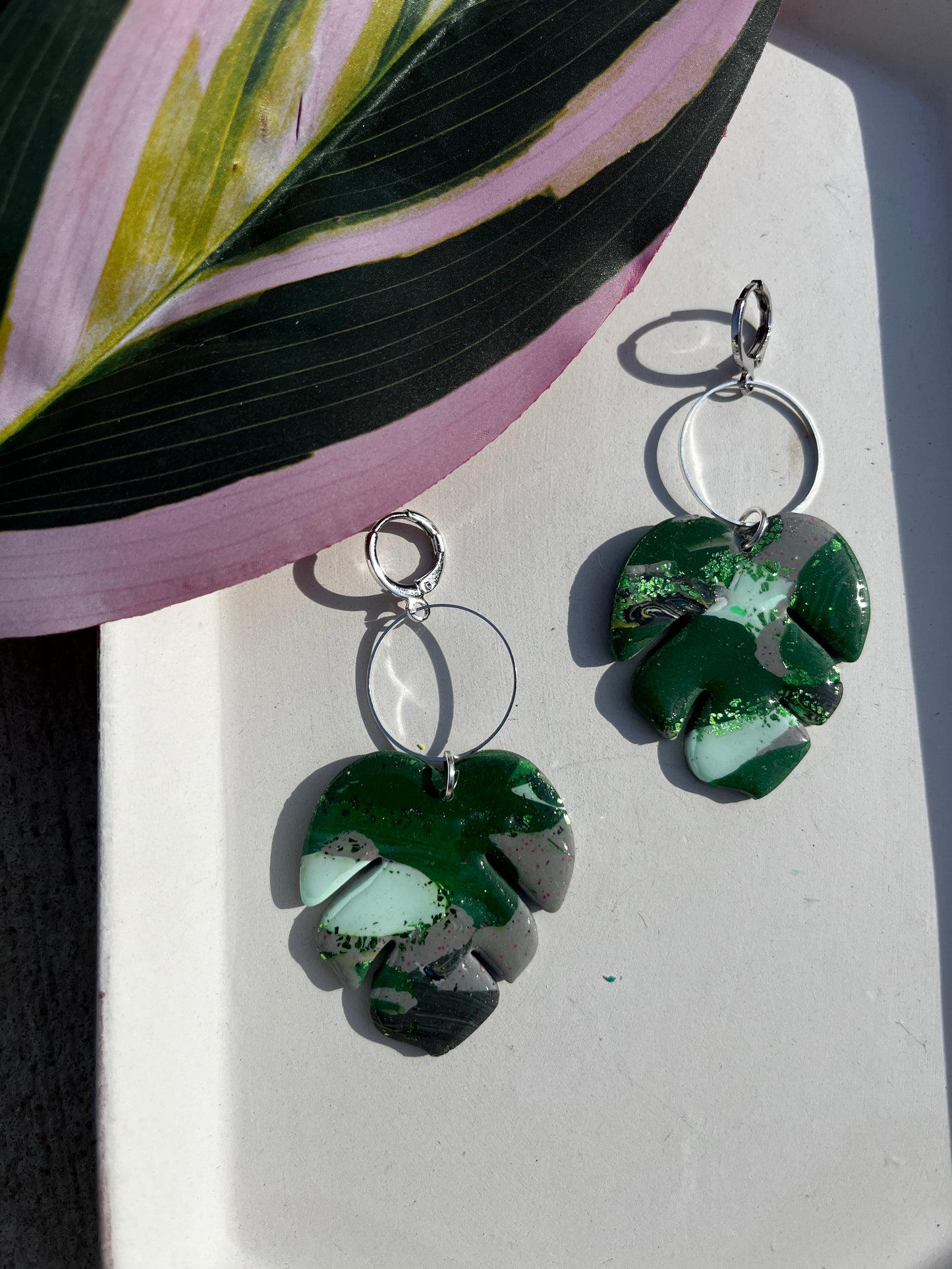 Monstera Leaf with Silver Ring and Huggie