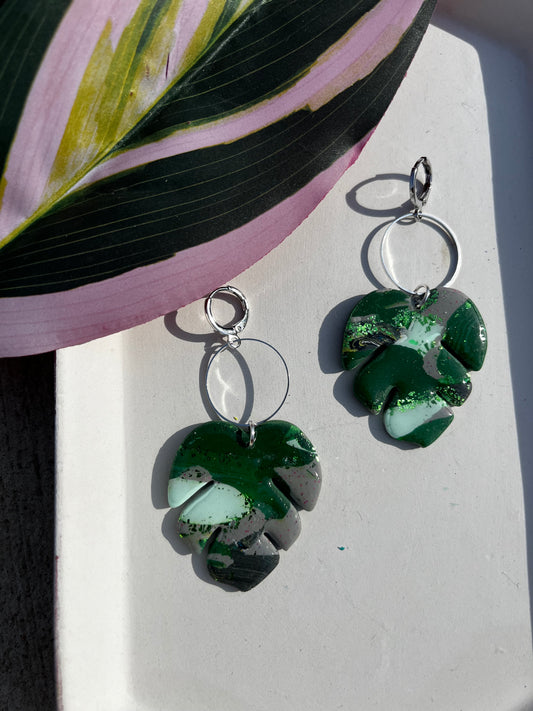 Monstera Leaf with Silver Ring and Huggie