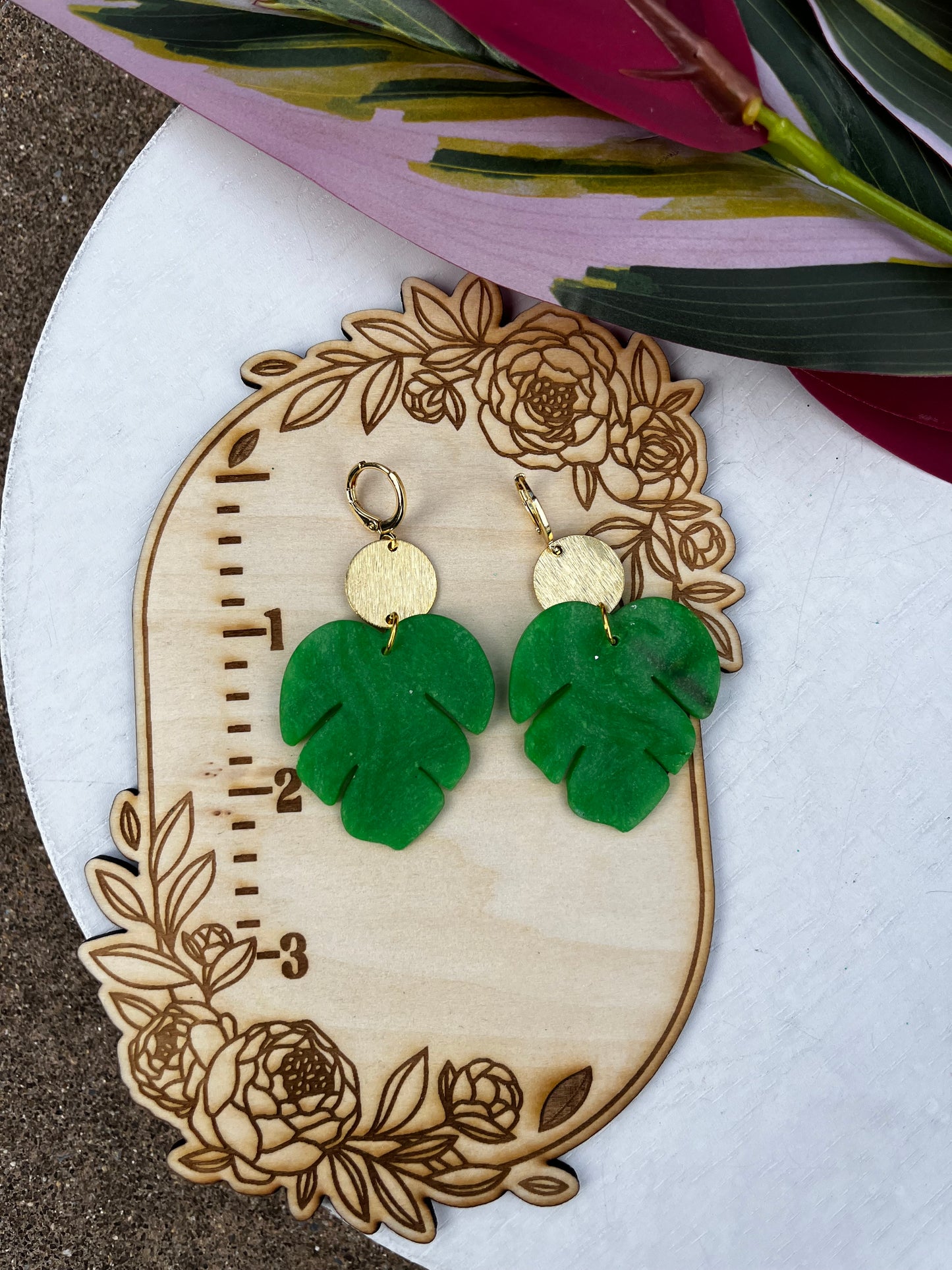 Monstera Leaf with Silver Ring and Huggie