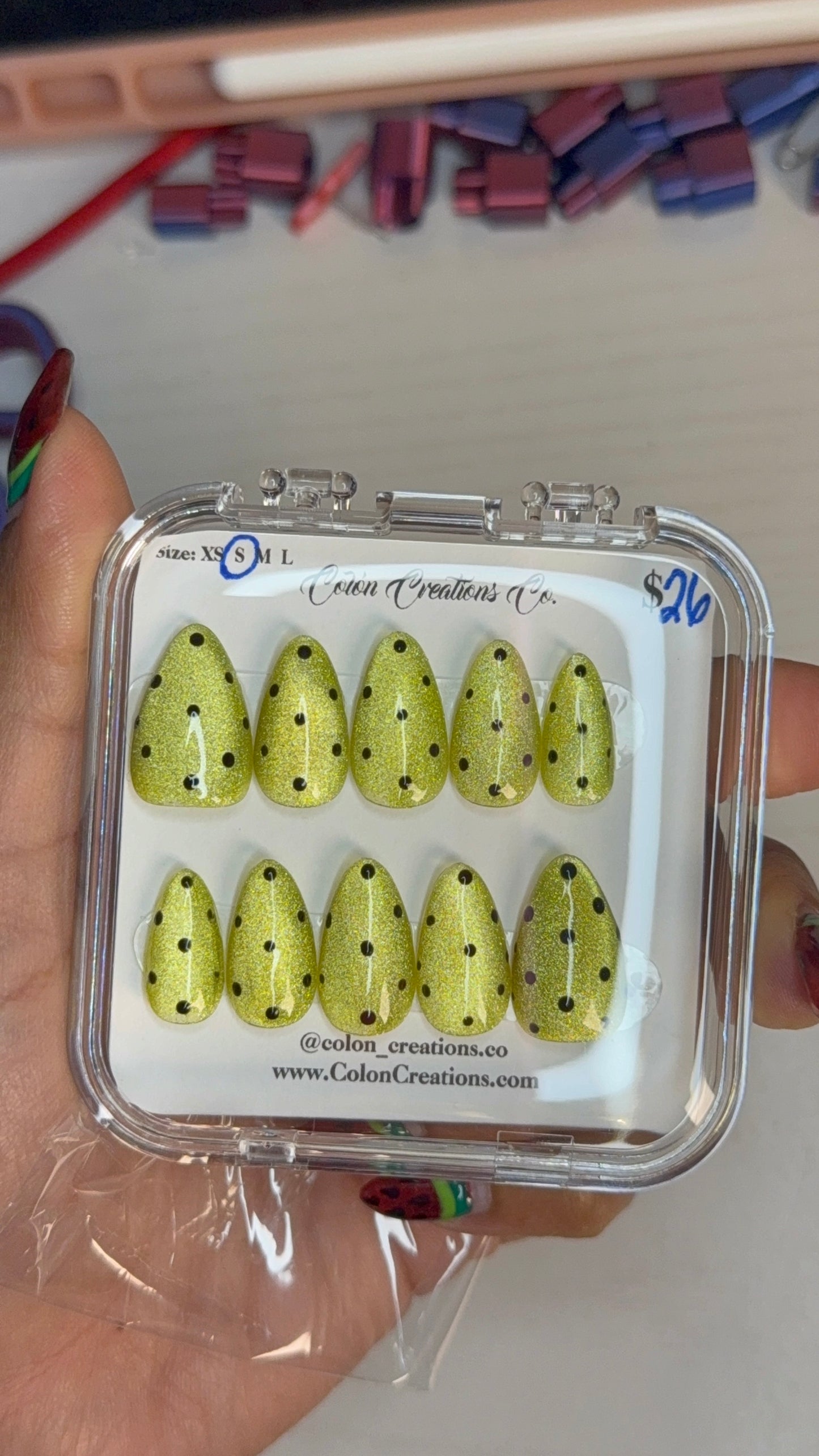 Size Small, Short Almond, Green Cat Eye Polka Dots