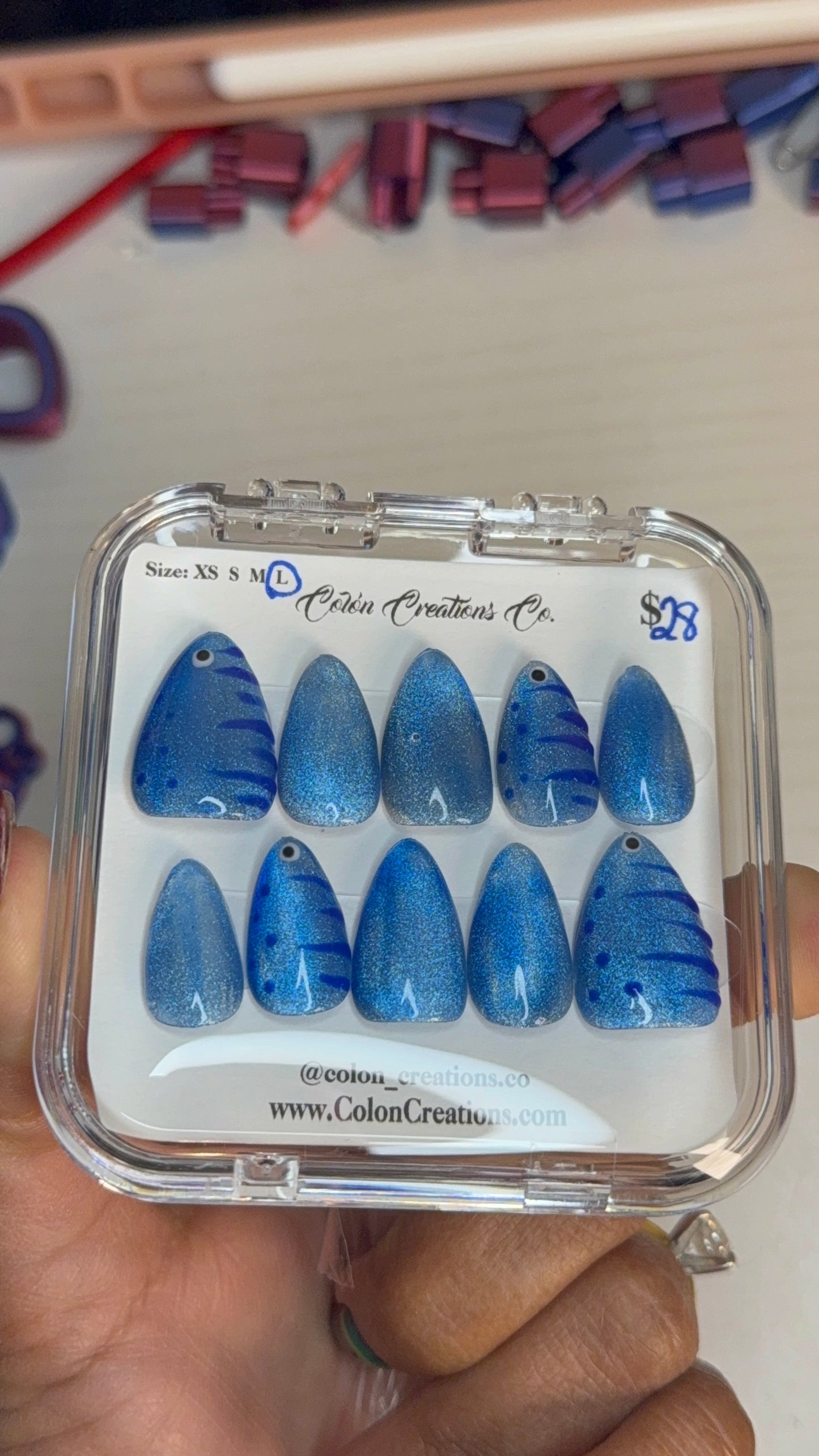 Size Large, Short Almond, Blue Fish