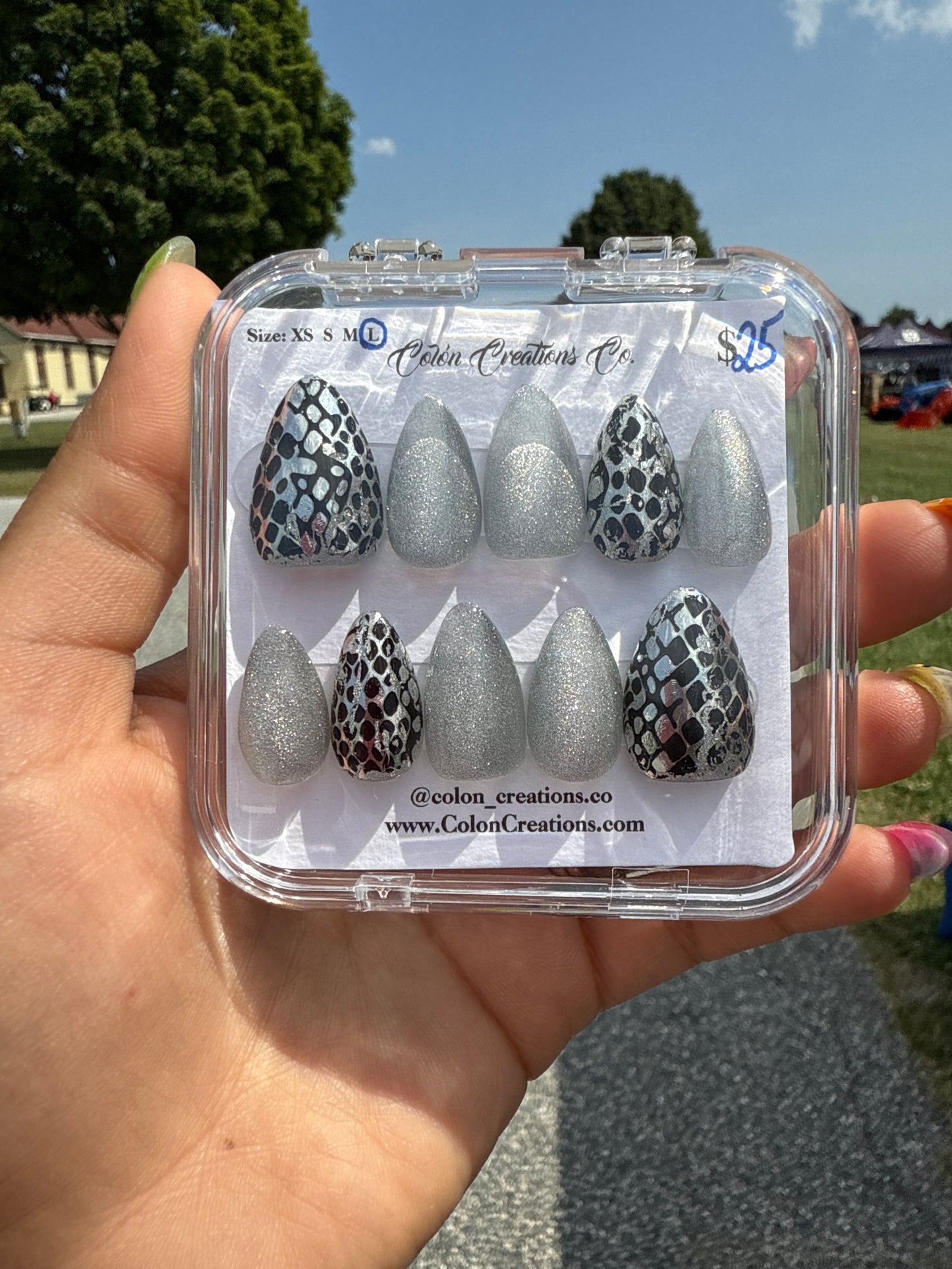 Size Large, Short Almond, Silver Cat Eye and Snake Skin