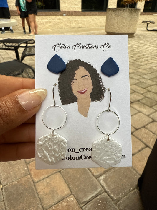Blue Studs and White Hexagon Dangles