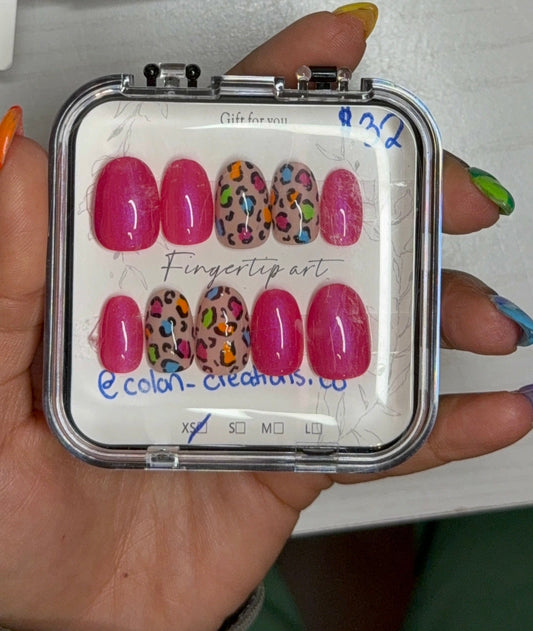 Size Extra Small, Short Oval, Pink and Colorful Leopard