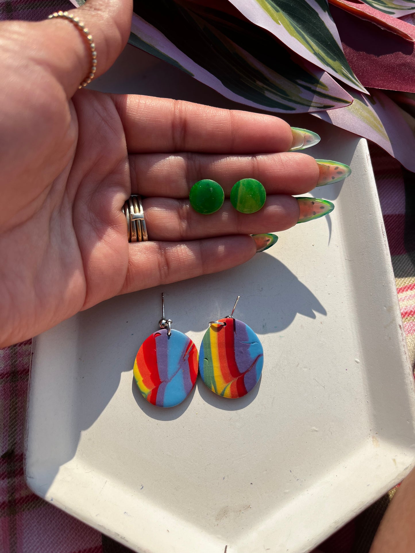 Rainbow Abstract Circle and Green Studs