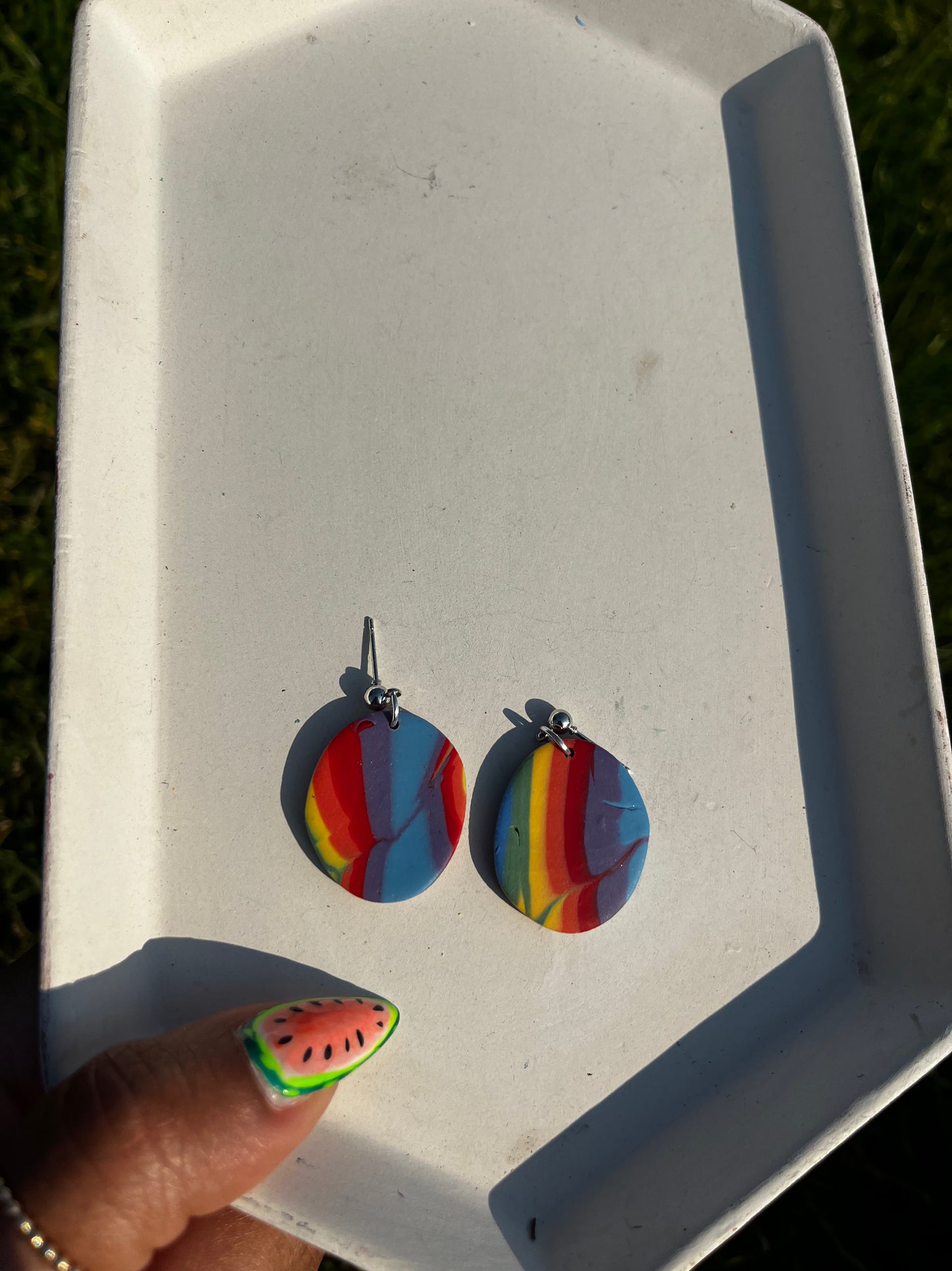Rainbow Abstract Circle and Green Studs
