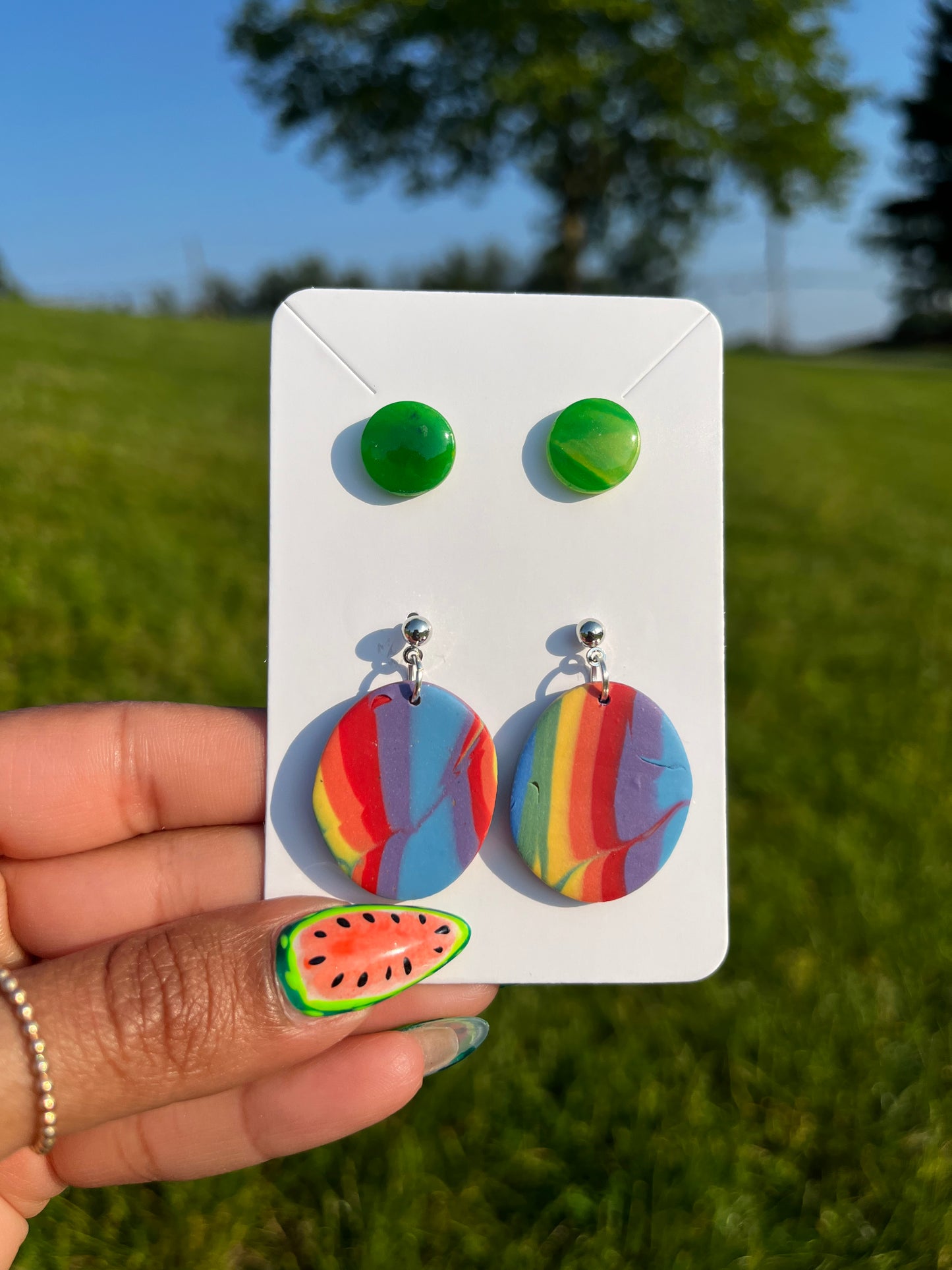Rainbow Abstract Circle and Green Studs