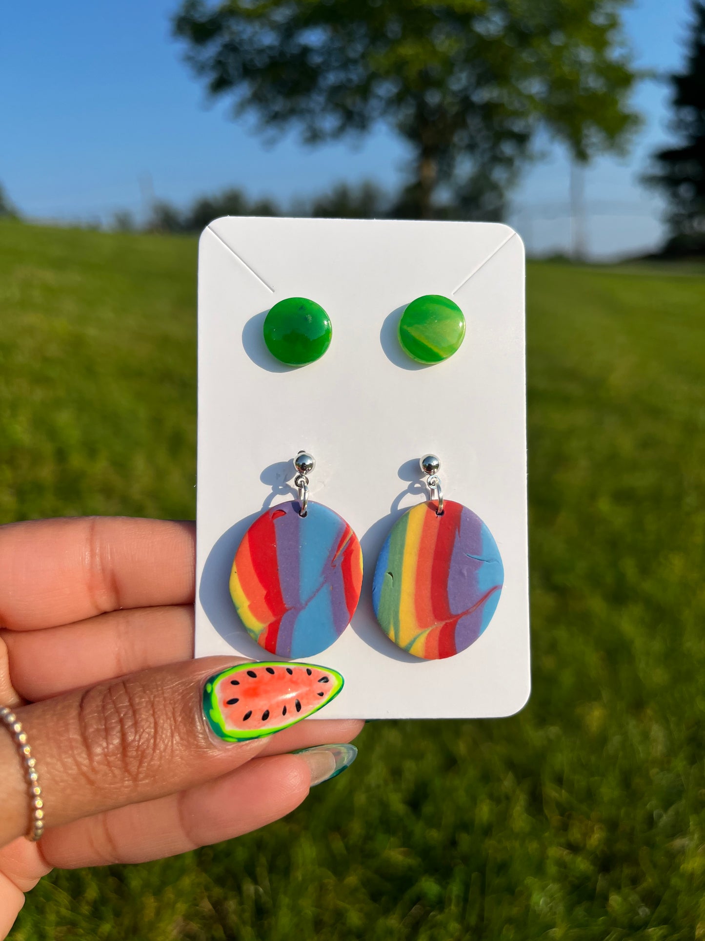 Rainbow Abstract Circle and Green Studs