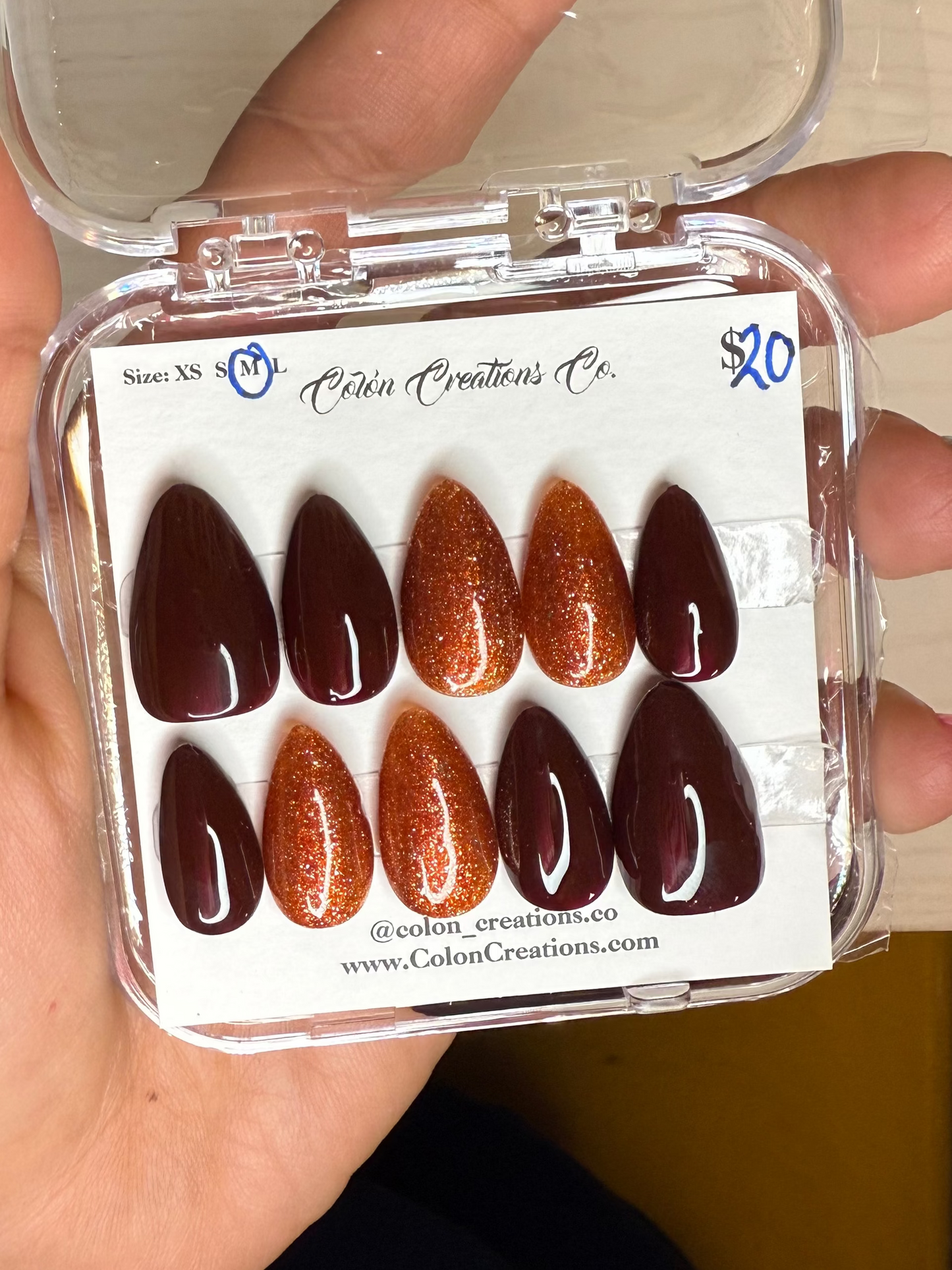 Size Medium, Short Almond, Dark Brown and Autumn Glitter