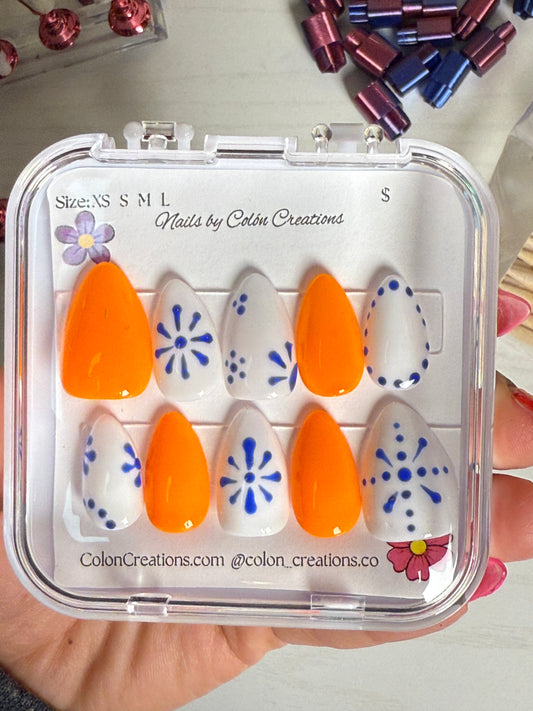 Size Large, Short Almond, White and Blue with Orange Accents