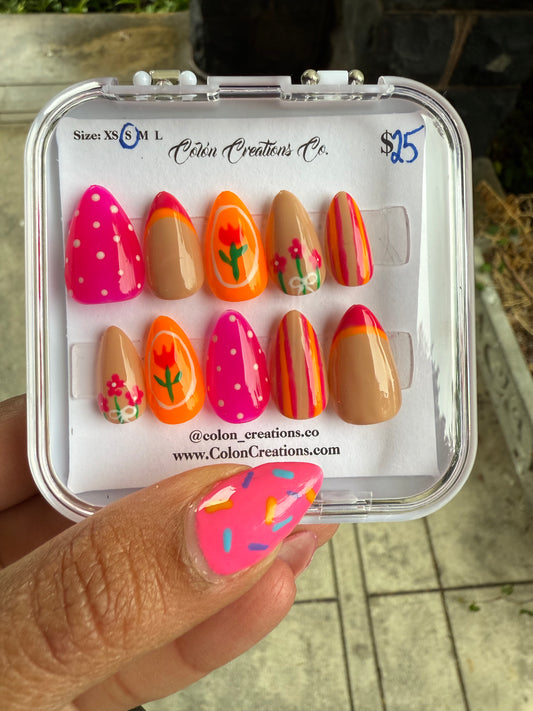 Size Small, Short Almond, Pink and Orange Summer Nails