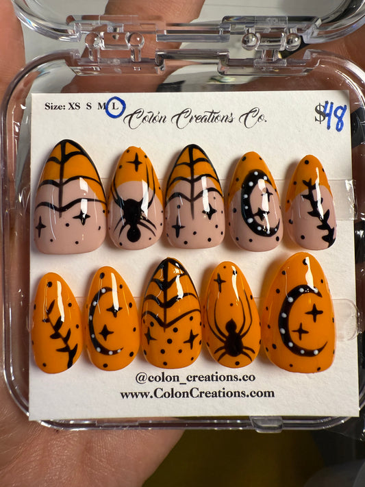 Size Large, Short Almond, Orange and Orange French Tips Halloween